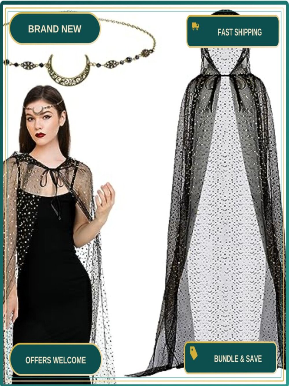 Witch Cape Costume Set Hooded Cloak Moon Headpiece Organza